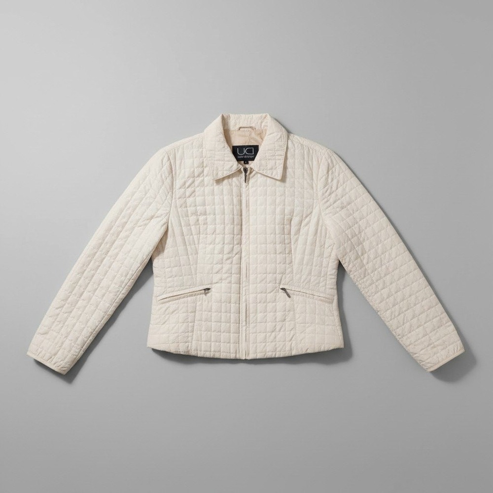 Utex Design Cream Quilted Zip Up Jacket, Women's Large, Off White, CA07101